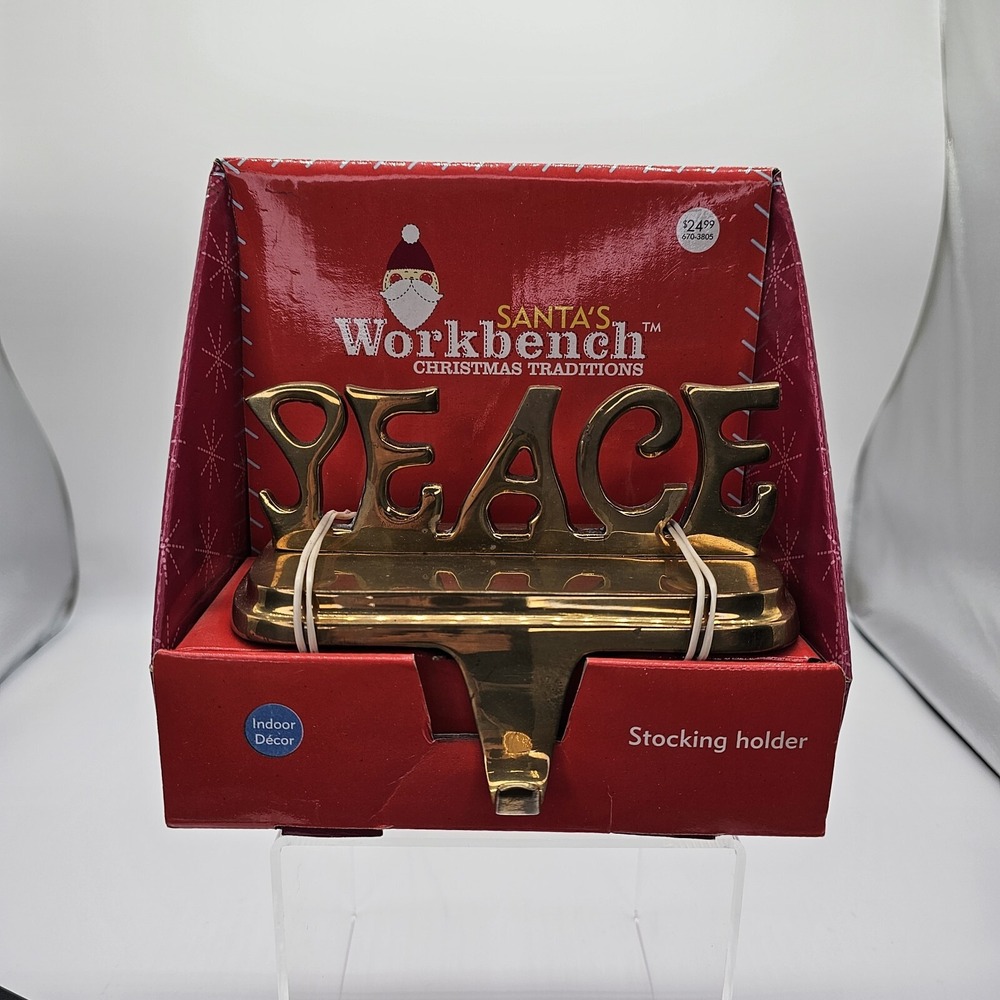 Vintage Santa's Workbench Brass Peace Christmas Decor Stocking Hanger Holder NOS